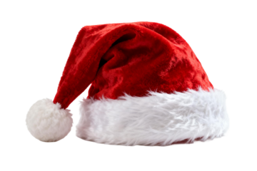 Red Santa hat with white fur trim and a pom-pom for Christmas celebration