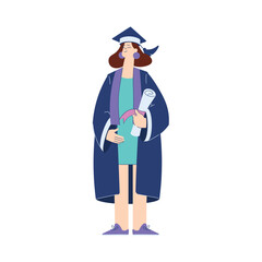 Woman Student Character in Graduation Gown and Hat Enjoy with Diploma Ceremony Vector Illustration