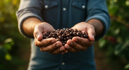 Close-up: Farmer cradles freshly harvested coffee beans, showcasing the essence of harvest.