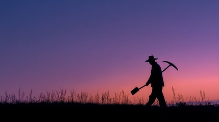 A silhouette of a worker with tools walks across a grassy plain against a purple and orange sunset sky
