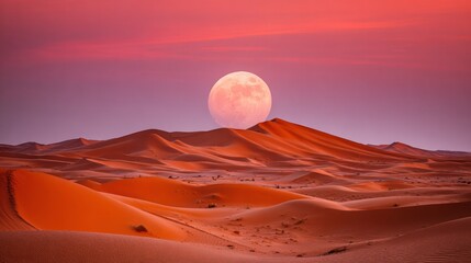 Golden sand dunes in the Sahara desert at sunrise with a bright full moon, showcasing dramatic desert patterns, warm light, vast terrain and a calm atmospheric landscape