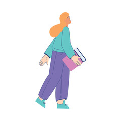 Woman Student Character Walk with Book Engaged in Education and Study Vector Illustration