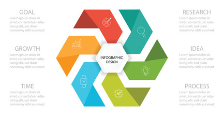 6 steps business infographic with hexzagon icon for the presentation. Can be used for process, presentations, layout, banner, infographic. vector illustration in flat style modern design. 