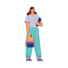 Woman Student Character Stand with Book Engaged in Education and Study Vector Illustration