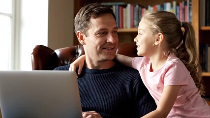 Joyful Father and Daughter Using Laptop Together for Educational or Entertainment Content