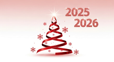 Red ribbon forming a Christmas tree with star, snowflakes and glittery numbers 2025, 2026 on a gradient background, symbolizing festive season celebration