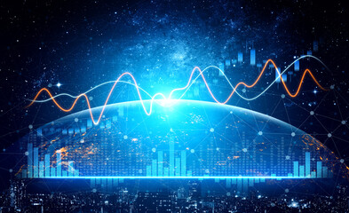 This image showcases a futuristic concept of global connectivity, featuring vibrant data visualizations and statistical analysis over a cosmic background. Scalp