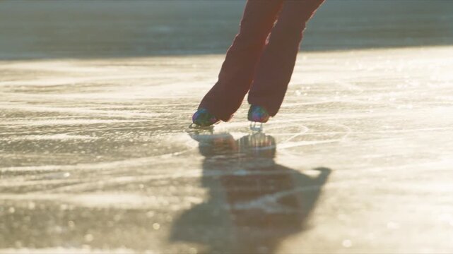 A graceful figure skater glides effortlessly across a beautifully frozen lake, showcasing artistry and technique under the golden glow of the sun while creating mesmerizing patterns on the ice.