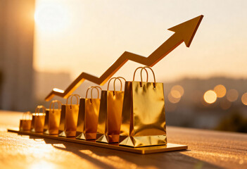 Increasing graph with shopping bags on table showing success in business sales and consumer buying power outdoors