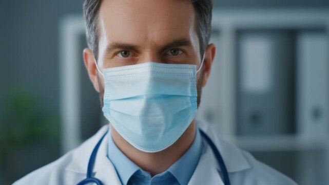 Close-up portrait of a male doctor wearing a protective surgical mask and stethoscope, conveying the focused commitment and essential role of healthcare professionals