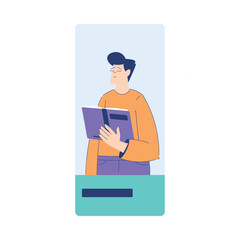Man Student Character with Book Engaged in Online Education and Study Vector Illustration