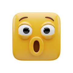 A 3D rendered yellow square emoji with wide eyes and an open mouth expressing surprise and astonishment.