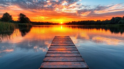 Fototapeta premium Serene sunset over tranquil lake with wooden pier