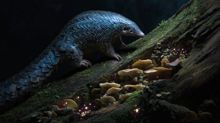 A pangolin climbs a moss-covered log teeming with fungi. The scales glisten in soft light, highlighting nature?s details