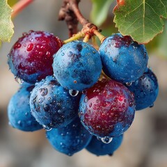 Close-up of Fresh Blueberries with Water Droplets on the Vine.