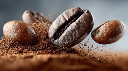 Coffee beans and ground coffee close-up.