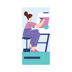 Woman Student Character at Tablet Engaged in Online Education and Study Vector Illustration