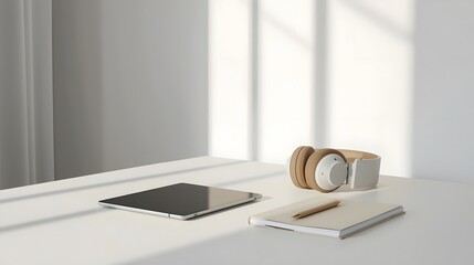 Tablet, headphones and notebook on white desk
