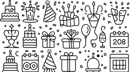 Obraz premium Collection of hand drawn doodle icons celebrating birthdays and new year with cakes candles gifts balloons and calendars for festive design elements