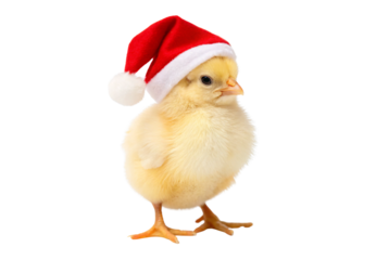 Adorable yellow baby chick wearing festive red Santa Claus hat, isolated on a transparent background