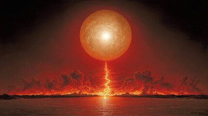 Fiery red sun hovers over calm river, casting glowing light and splitting sky with dramatic lightning bolt. intense scene evokes sense of awe and power