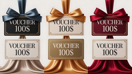 Collection of six elegant gift vouchers, each valued at 100 dollars, presented with luxurious satin ribbons and fabric draping