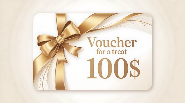 Elegant golden gift voucher or certificate design with a luxurious satin ribbon bow and text indicating a value of 100 dollars
