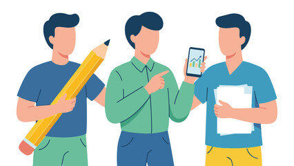 Team collaboration with creative pencil, data on smartphone, and documents