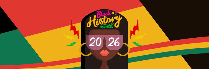 Black history month 2026 horizontal banner with afro American woman face isolated on abstract geometric background. Black history month poster, flyer, background with african girl with sunglasses