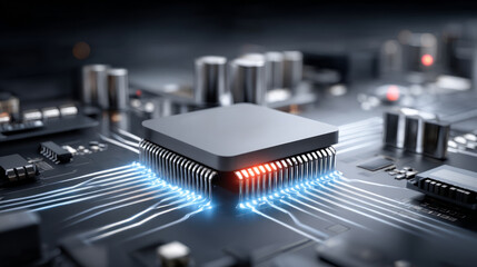 Close-up of a modern microprocessor on a circuit board, highlighting its glowing connections and tech