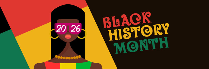 Black history month 2026 horizontal banner with afro American woman face isolated on abstract geometric background. Black history month poster, flyer, background with african girl with sunglasses