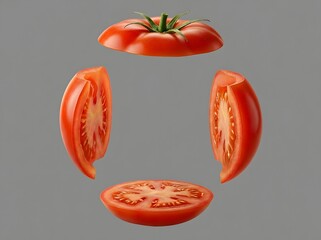 Vibrant Red Tomato Slices Floating in a Circular Pattern, Showing Detailed Texture and Seeds on a Grey Background