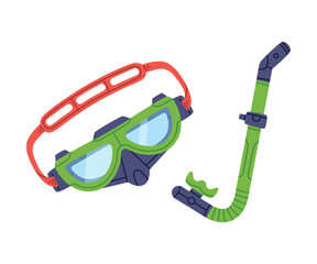 Green Swimming Mask and Goggles for Diving Underwater with Breathing Tube Vector Illustration