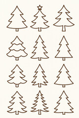 Obraz premium Christmas tree outline clipart set. Christmas tree brown outline clip art collection for xmas decoration simple drawing pine tree elements vector illustration.