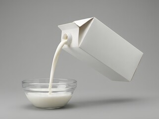 Seamless Stream of Fresh White Milk Pouring from a Generic Cardboard Carton into a Clear Glass Bowl