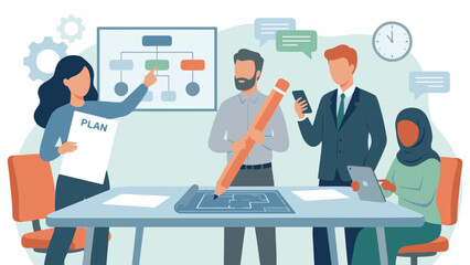 Diverse business team collaborating on project plan and development strategy