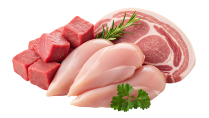 Variety of fresh raw meat cuts displayed on black background