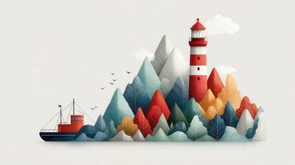 Lighthouse stands on colorful mountain with ship nearby, surrounded by vibrant trees and birds flying in sky, creating whimsical and serene scene