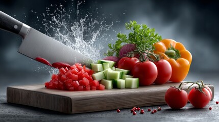 Fresh vegetables like tomatoes, cucumbers, and peppers are artfully chopped, showcasing vibrant colors and textures