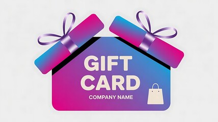 Vibrant graphic design of a gift card shaped like a house with rolled certificates and ribbons on a light gray background