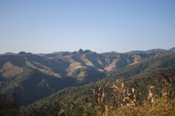 Obraz premium Peaceful mountain landscape with green hill under clear blue sky. high angle view of serene valley, majestic scenery and vast wilderness great for travel and adventure