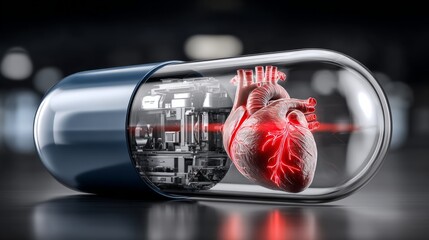 A striking image of a heart in a transparent capsule, symbolizing the blend of medicine and technology
