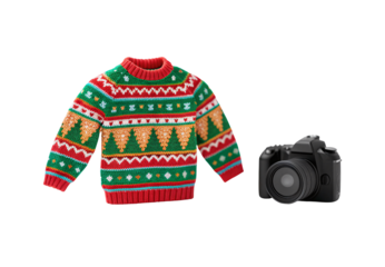 Vibrant Christmas sweater with triangular patterns next to camera, isolated on a transparent background