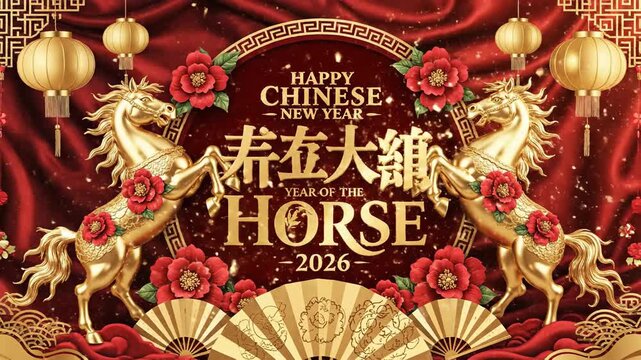 Chinese new year greeting card with golden horses and decorations