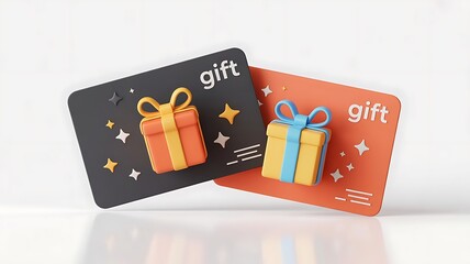 Two stylized 3d gift cards, one black and one orange, featuring small present icons and the word gift on a light background