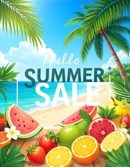 Summer sale poster with tropical fruit and beach scene