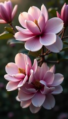 Obraz premium Beautiful magnolia flowers with soft pink petals and golden stamens bloom against a blurred background, illuminated by the warm light of sunset, creating a serene atmosphere Generative AI