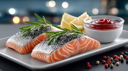 Salmon fillets with lemon slices and fresh herbs create a mouthwatering display, perfect for culinary inspiration