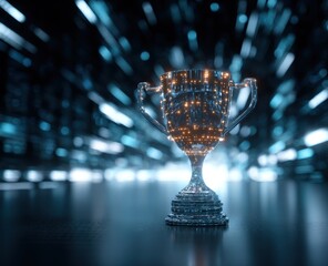 Futuristic digital trophy with glowing lights reflecting a high-tech environment, sleek metallic surface, and modern design