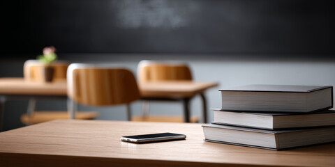 Stack of books and smartphone on wooden desk in empty classroom with blurred chairs and chalkboard background